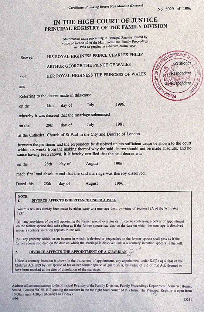 The final divorce papers of Prince Charles, Prince of Wales and his former wife Princess Diana, Princess of Wales