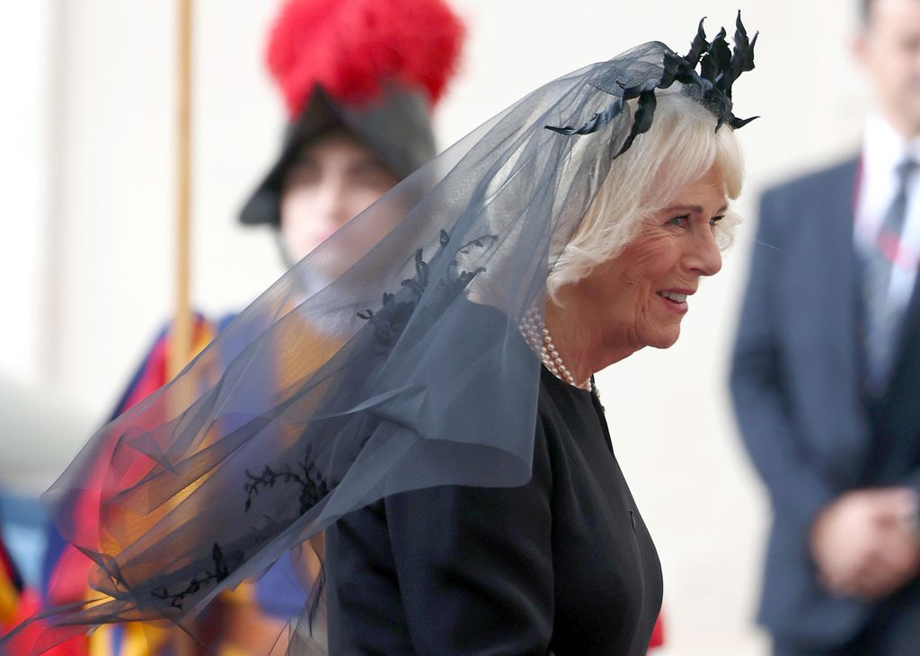 Queen Camilla wearing a black mantilla