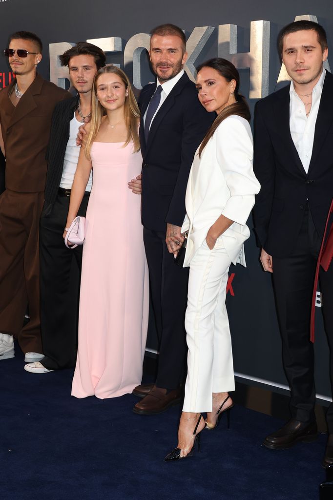 Romeo Beckham, Cruz Beckham, Harper Beckham, David Beckham, Victoria Beckham and Brooklyn Peltz Beckham attend the UK premiere of the Netflix film at The Curzon Mayfair.