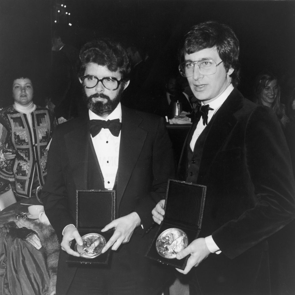 George Lucas (L) and Steven Spielberg hold their Best Director nomination plaques at the Directors Guild of America annual awards dinner held at the Beverly Hilton, Bevery Hills, California, March 11, 1978