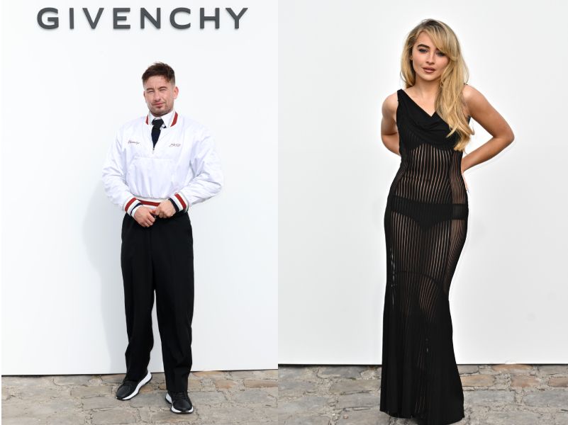 Split image of Sabrina Carpenter and Barry Keoghan at a Givenchy fashion show during Paris Fashion Week in September, where they reportedly first met.