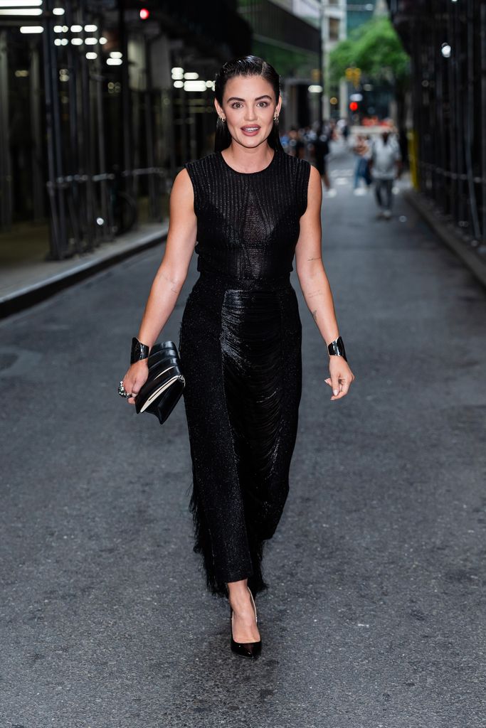 Pretty Little Liars star Lucy Hale wearing black dress in New York