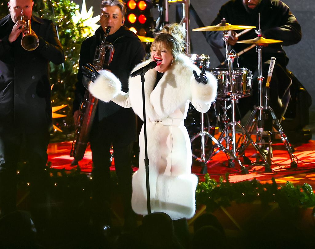 Kelly Clarkson is seen performing during the Christmas Tree Lighting at the Rockefeller Plaza pre-tape on November 28, 2023