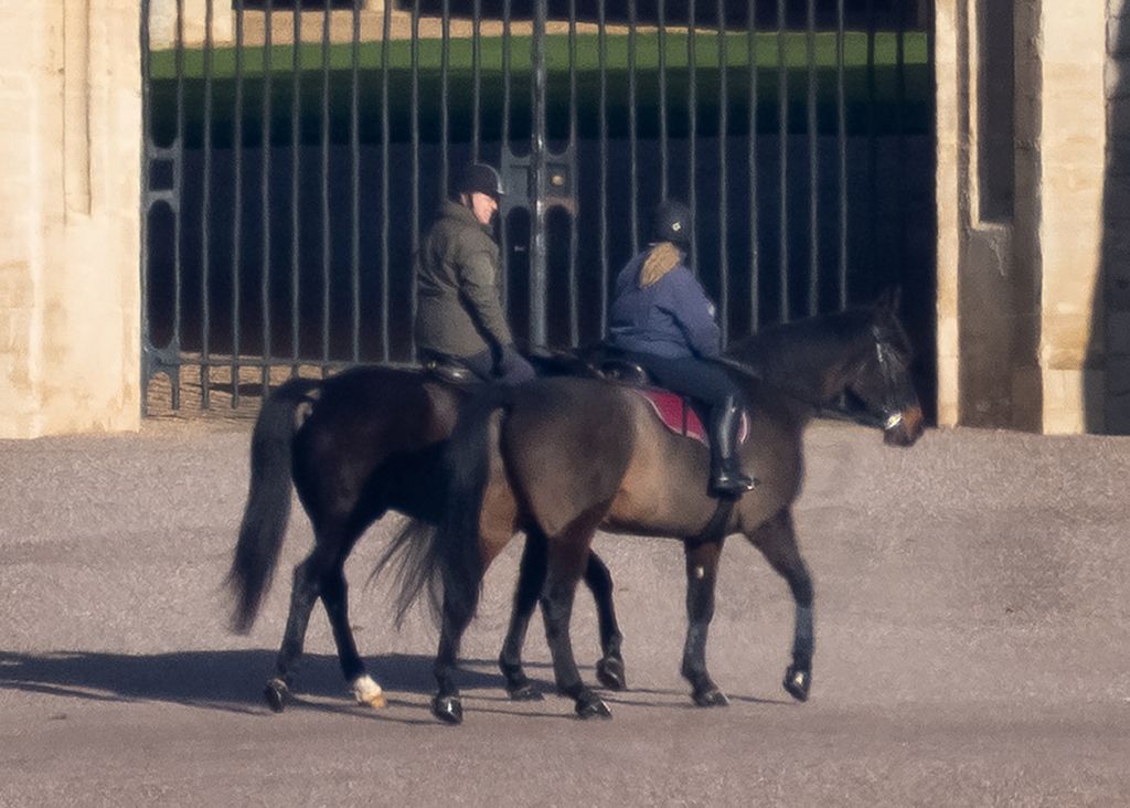 Andrew Mountbatten Windsor is seen out riding with a groom at Windsor Castle