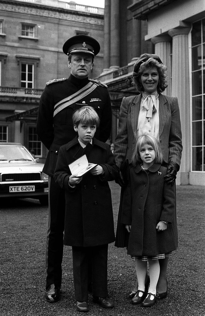 Andrew Parker Bowles in military uniforn alongside Camilla Parker Bowles and their children Tom Parker Bowles and Laura Lopes
