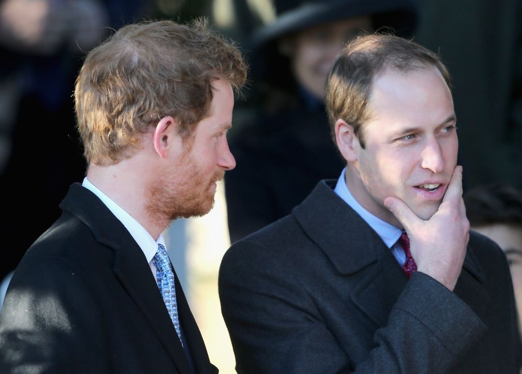 Prince Harry and Prince William in suits with Prince William stroking his chin