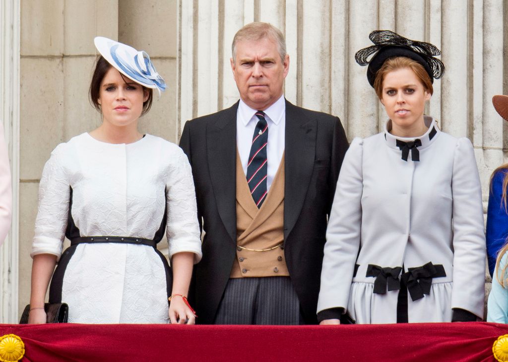 Princess Eugenie and Princess Beatrice with Prince Andrew, Duke of York during the annual Trooping The Colour ceremony at Buckingham Palace on June 15, 2013 in London, England.  (Photo by Mark Cuthbert/UK Press via Getty Images)