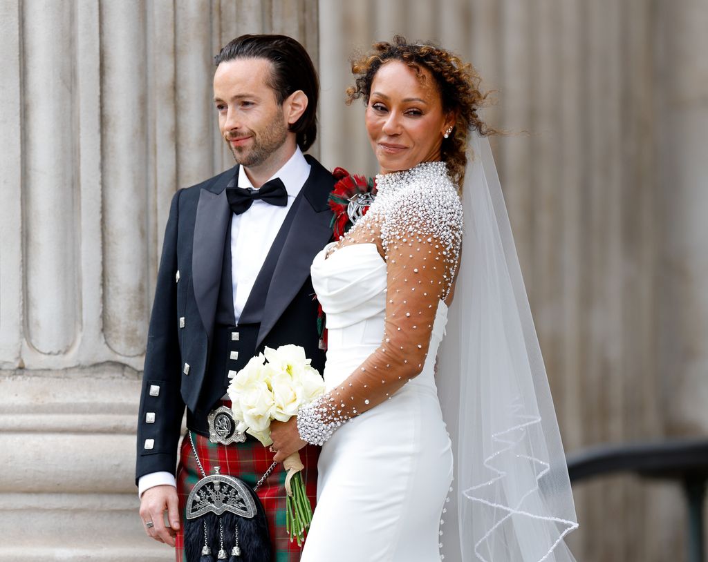 LONDON, UNITED KINGDOM - JULY 05: (EMBARGOED FOR PUBLICATION IN UK NEWSPAPERS UNTIL 24 HOURS AFTER CREATE DATE AND TIME) Rory McPhee and Mel B depart following their wedding in the OBE (Order of the British Empire) Chapel at St Paul's Cathedral on July 5, 2025 in  London, England. (Photo by Max Mumby/Indigo/Getty Images)