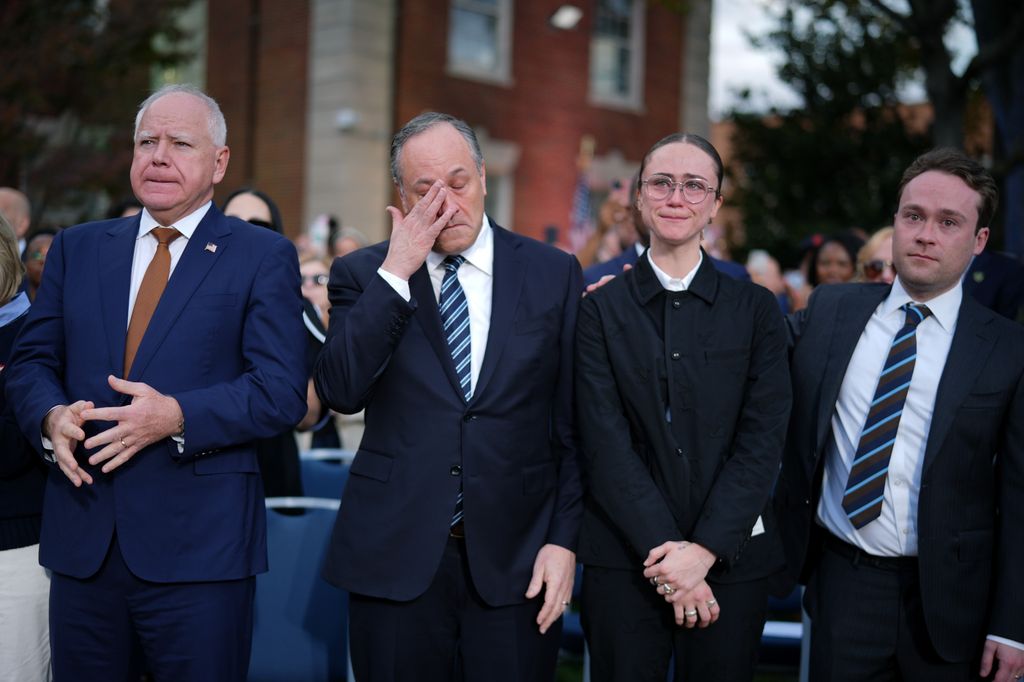 Democratic vice presidential nominee, Minnesota Gov. Tim Walz, Second gentleman Doug Emhoff, Ella Emhoff and Cole Emhoff react after Democratic presidential nominee, U.S. Vice President Kamala Harris conceded the election 