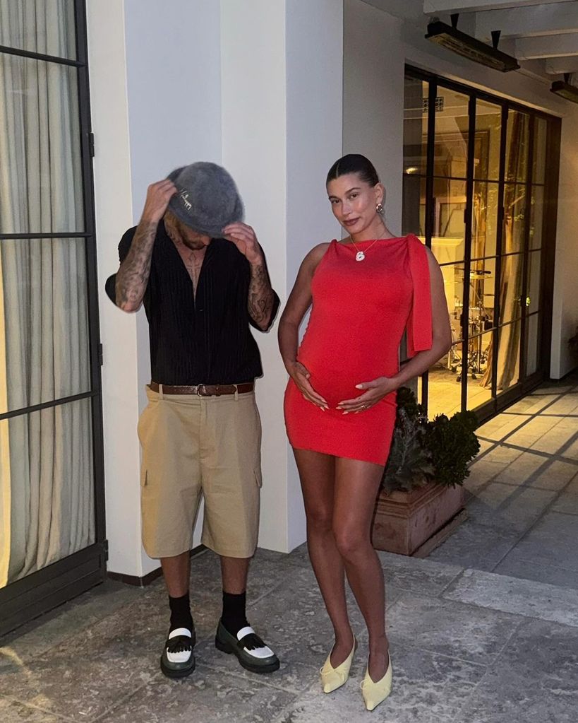 Justin and Hailey Bieber pose on their stunning garden terrace