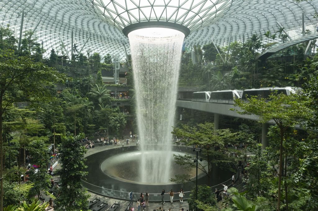 Airports and shopping centres often make use of Feng Shui - such as the world's tallest indoor waterfall at Changi Airport in Singapore