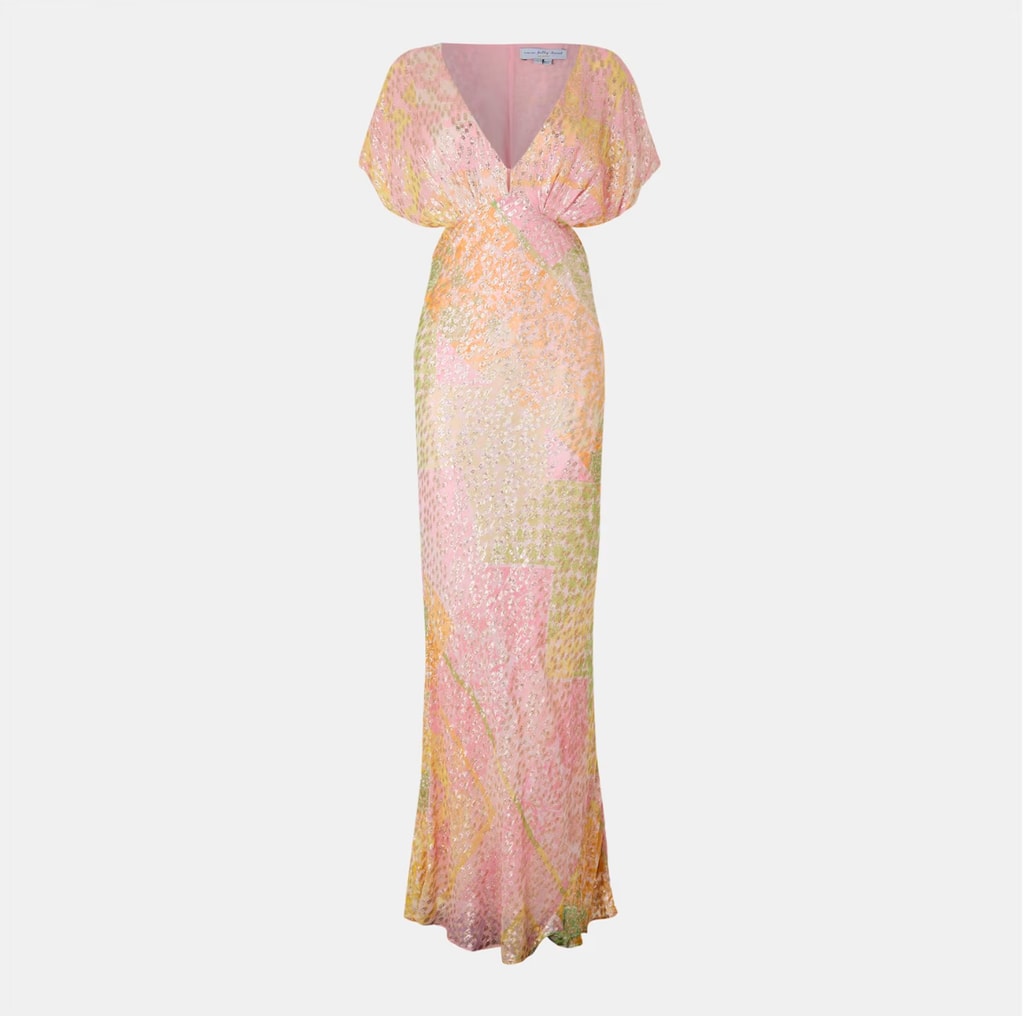 Tage de produit de robe maxi rose, vert et or