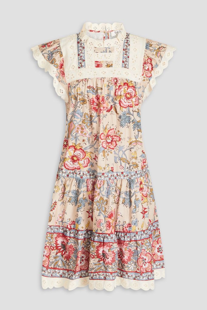 Tess broderie anglaise-trimmed floral print mini dress