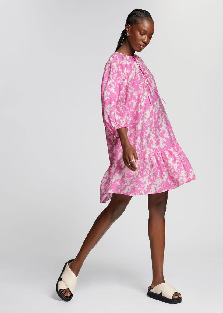 & other stories Pink & White Loose-Fit Puff Sleeve Dress