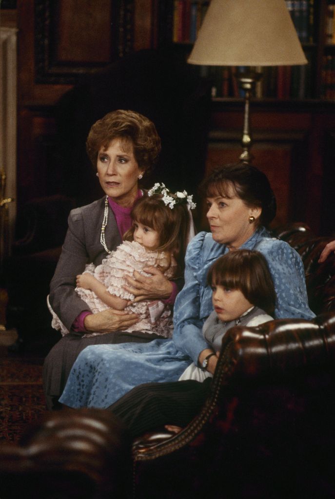 Virginia Hawkins, Jessica PlayerBetty Harford and James Sampley on the set of Dynasty