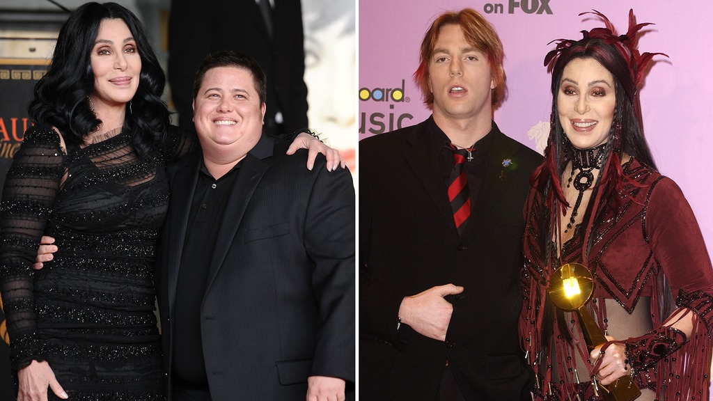 Split image showing Cher with Chaz Bono (left) and Elijah Blue Allman (right)