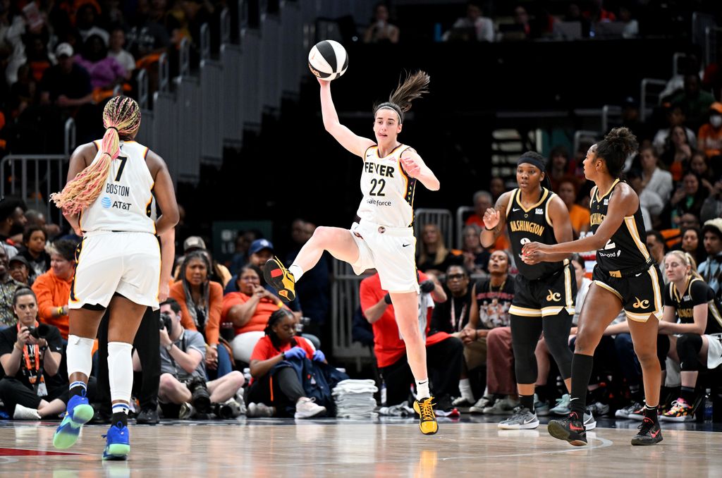 Caitlin Clark #22 of the Indiana Fever steals a pass in the first quarter against the Washington Mystics at Capital One Arena on June 07, 2024 