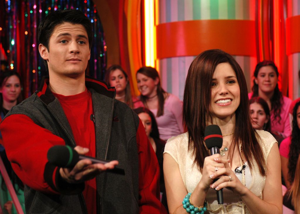 James Lafferty and Sophia Bush of "One Tree Hill" on MTV's "TRL" on January 25, 2005 in New York City