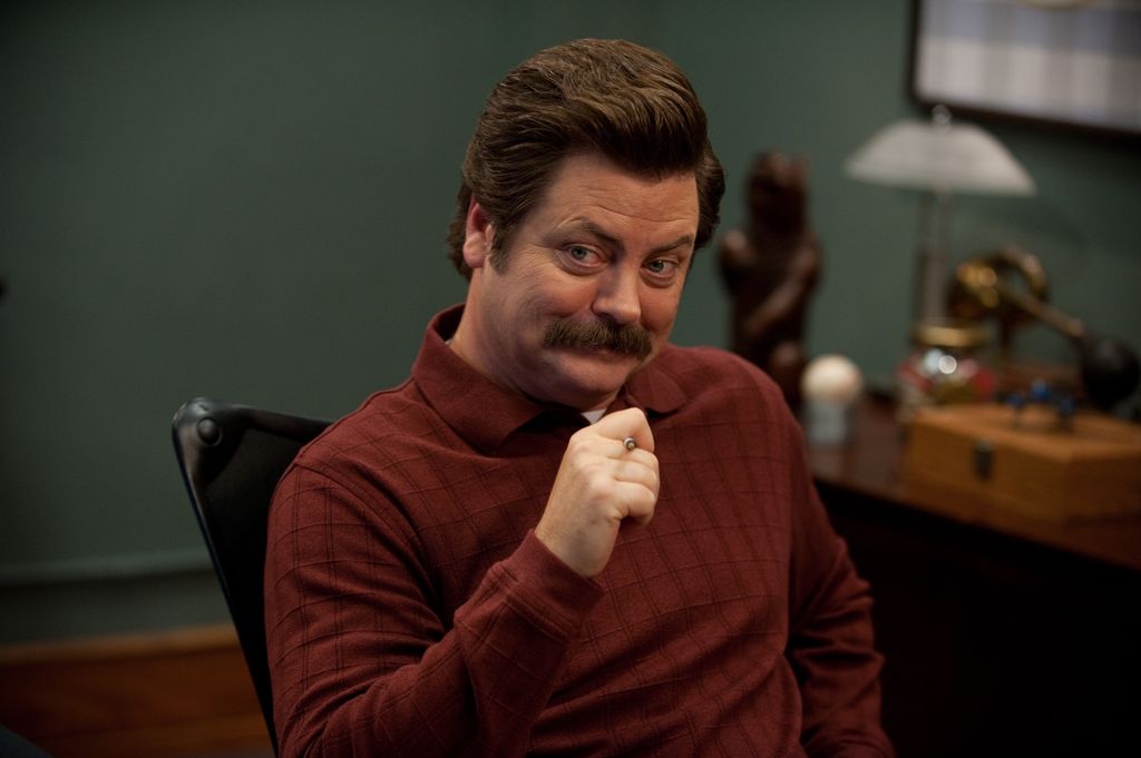 PARKS AND RECREATION -- "Leslie vs. April" Episode 507 -- Pictured: Nick Offerman as Ron Swanson  -- (Photo by: Colleen Hayes/NBCU Photo Bank/NBCUniversal via Getty Images via Getty Images)