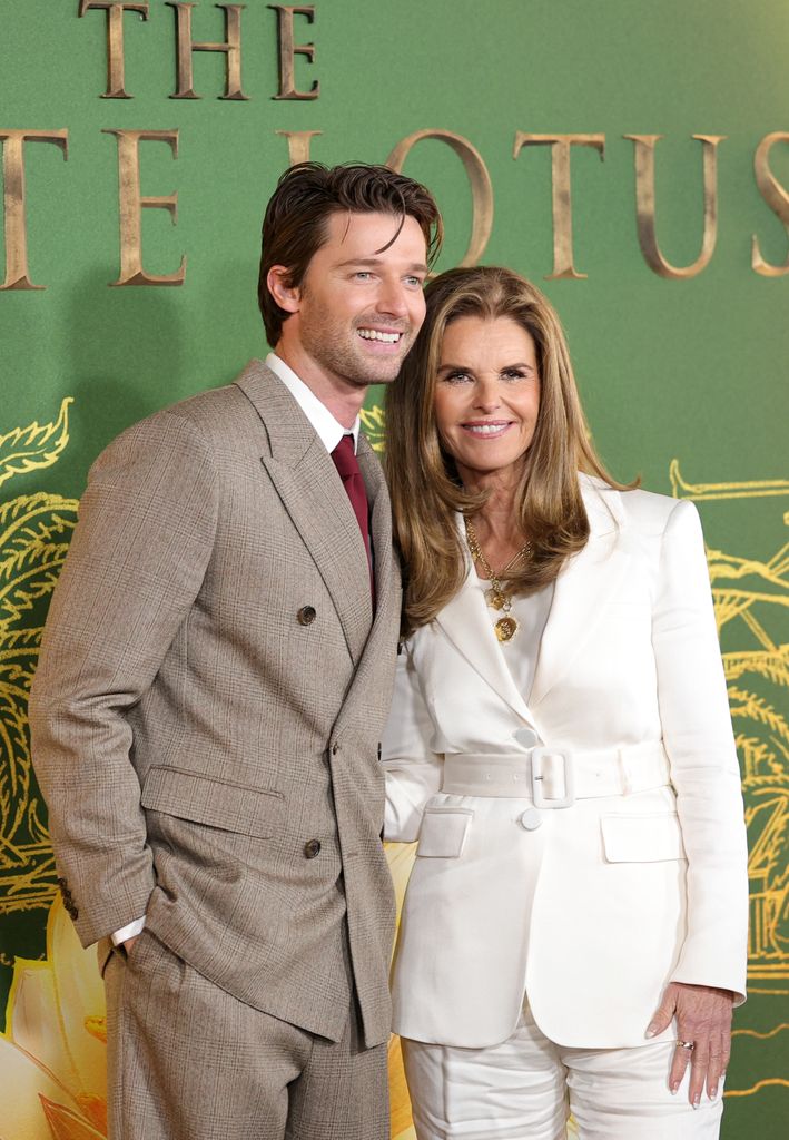 Patrick Schwarzenegger and Maria Shriver arrive at the Los Angeles Premiere Of HBO Original Series "The White Lotus" Season 3 at Paramount Theatre on February 10, 2025 in Los Angeles, California