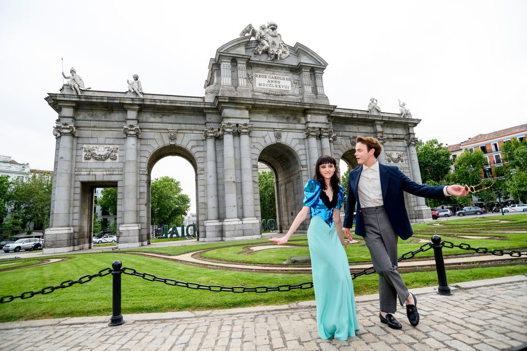 Natalia Dyer and Charlie Heaton poses at the "Puerta de Alcala" in Madrid, Spain