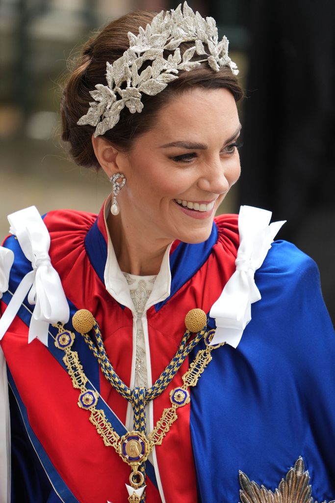 Kate Middleton wearing a floral headpiece and Diana's earrings at King Charles's coronation