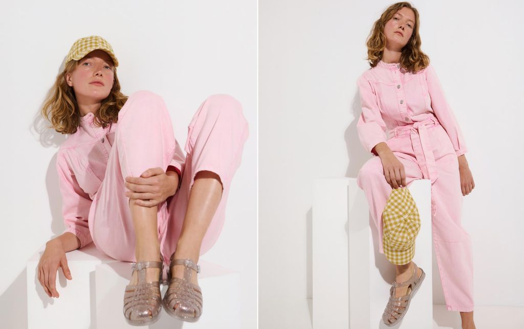 Oliver Bonas Washed Pink Button Up Denim Jumpsuit
