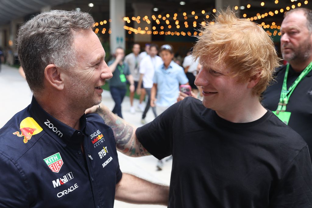 Christian Horner and Ed Sheeran before Sprint Qualifying ahead of the Formula 1 Miami Grand Prix at Miami International Autodrome in Miami, United States on May 3, 2024