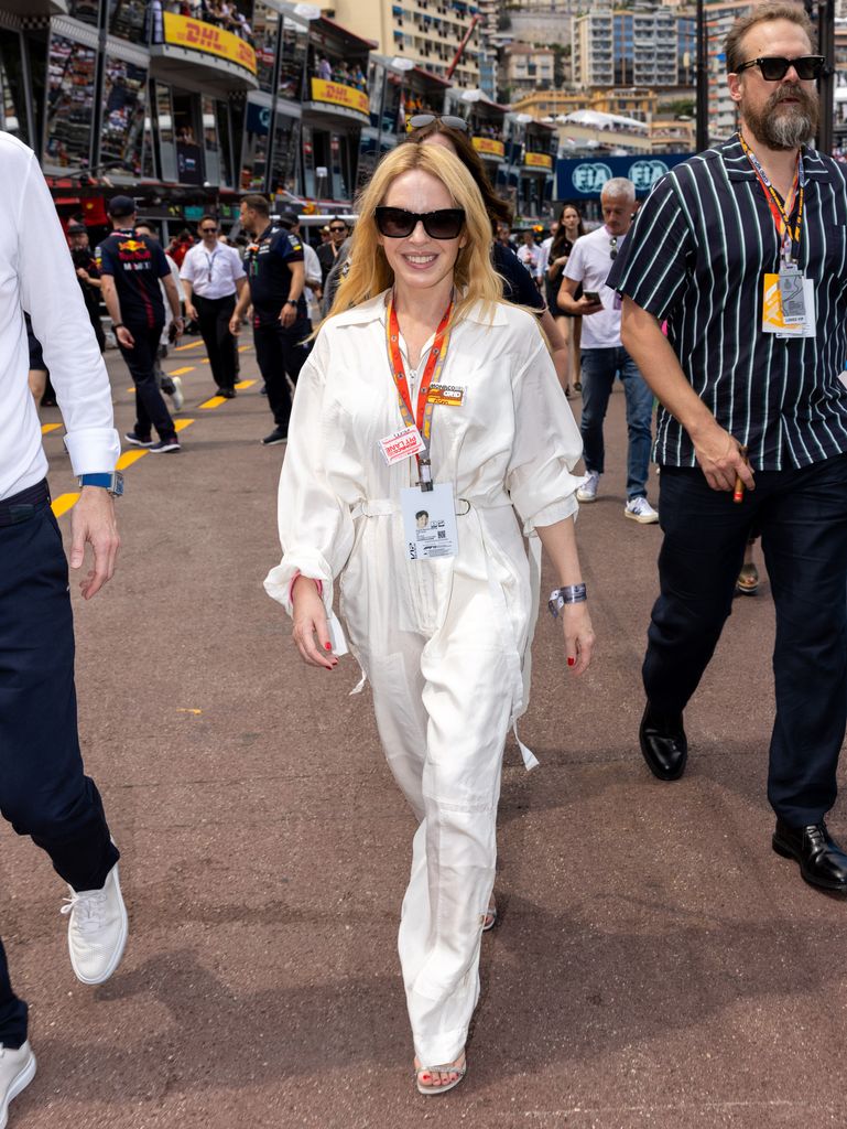 Kylie Minogue wearing white jumpsuit at F1 Grand Prix Monaco