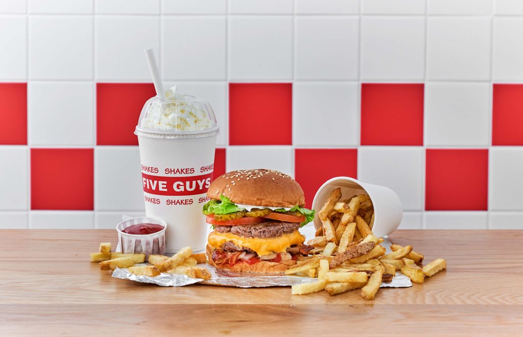 five guys meal with burger, chips and shake