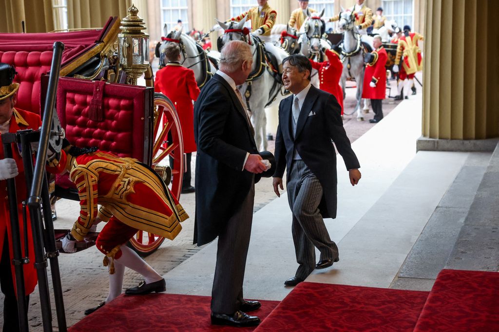 King Charles and Emperor Naruhito arrive at Buckingham Palace following a horse-drawn procession and ceremonial welcome