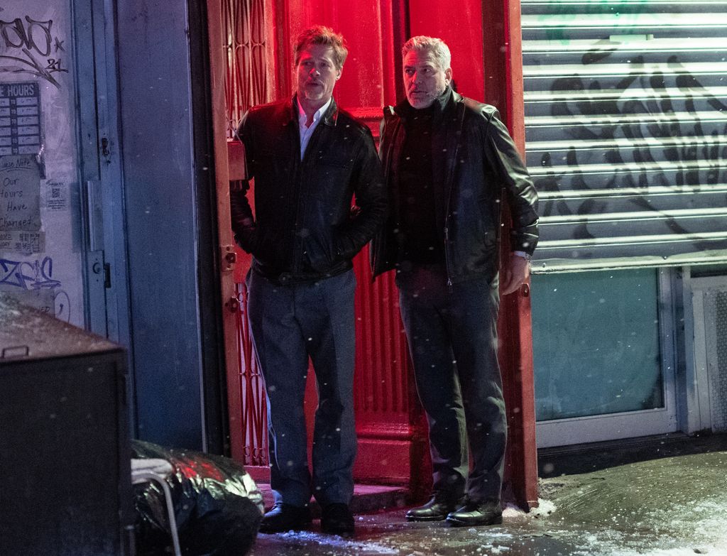 NEW YORK, NEW YORK - FEBRUARY 17: Brad Pitt and George Clooney are seen filming on location for "Wolves" on February 17, 2023 in New York City. (Photo by Gotham/GC Images)