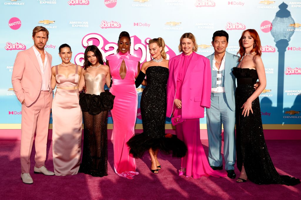 Ryan Gosling, America Ferrera, Ariana Greenblatt, Issa Rae, Margot Robbie, Greta Gerwig, Simu Liu and Hari Nef at the premiere of "Barbie" held at Shrine Auditorium and Expo Hall on July 9, 2023 in Los Angeles, California