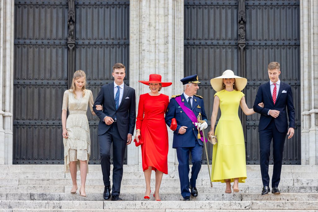 Princess Eleonore of Belgium, Prince Gabriel of Belgium, Queen Mathilde of Belgium, King Philippe of Belgium, Princess Elisabeth of Belgium and Prince Emmanuel of Belgium attend the Te Deum mass in the Cathedral 