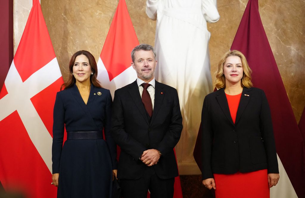 King Frederik and Queen Mary of Denmark pose with Latvia's Prime Minister Evika Silina 