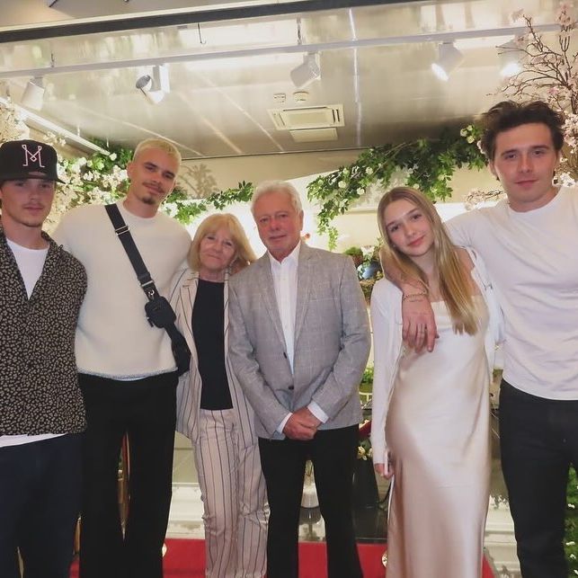 The Beckham family, Cruz, Romeo Harper and Brooklyn, celebrating Victoria Beckham's Dad Antony's birthday, also pictured with Victoria's mother Jackie.