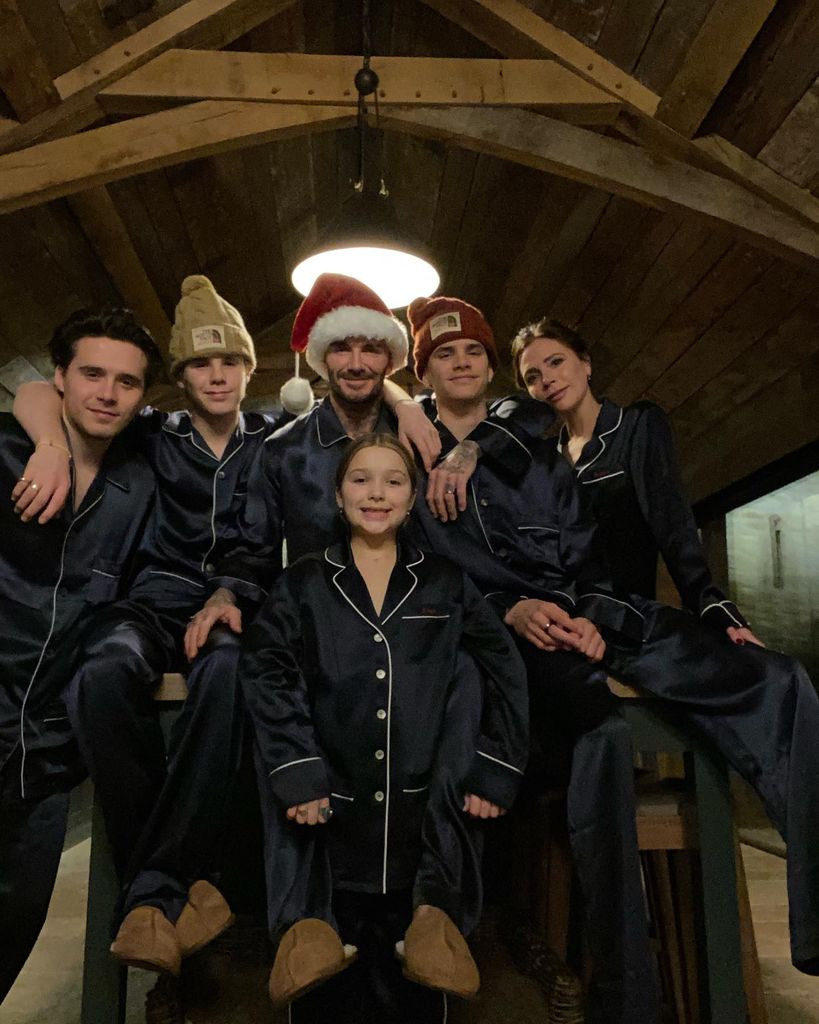 Harper Cruz Romeo and Brooklyn Beckham in silk pyjamas at Christmas with parents David and Victoria 