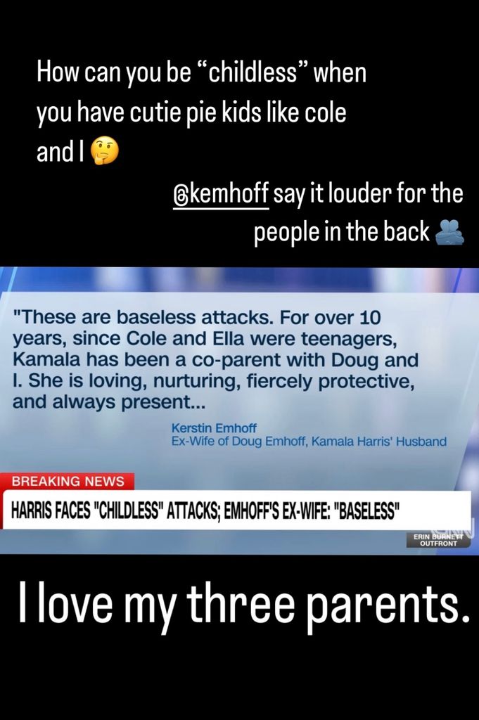 Instagram Story shared by Ella Emhoff of her mom Kerstin Emhoff's supportive comments on Kamala Harris