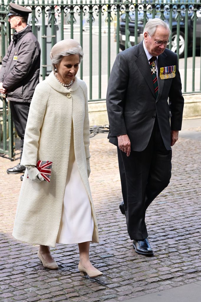 Birgitte Duchess of Gloucester and Prince Richard Duke of Gloucester arrive at Westminster Abbey for the 80th Anniversary of VE Day Service of Thanksgiving