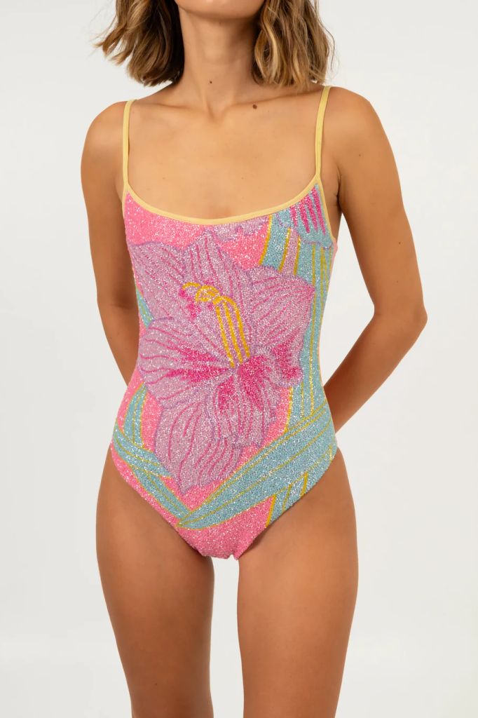 oceanus swimsuit with floral beaded print