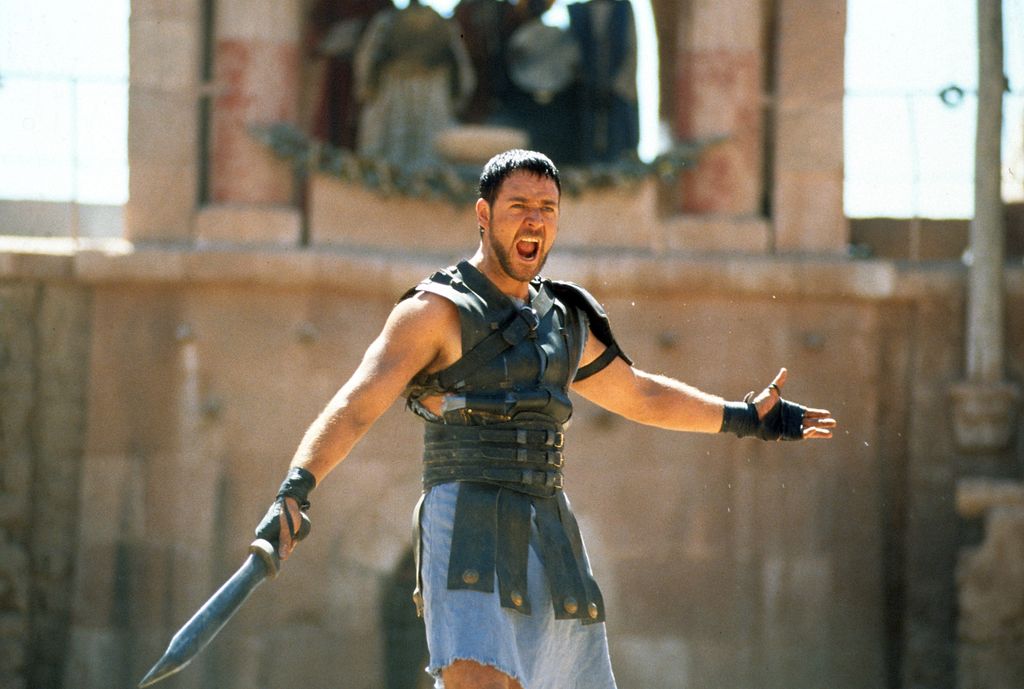 Russell Crowe with a sword in a scene from 'Gladiator', 2000