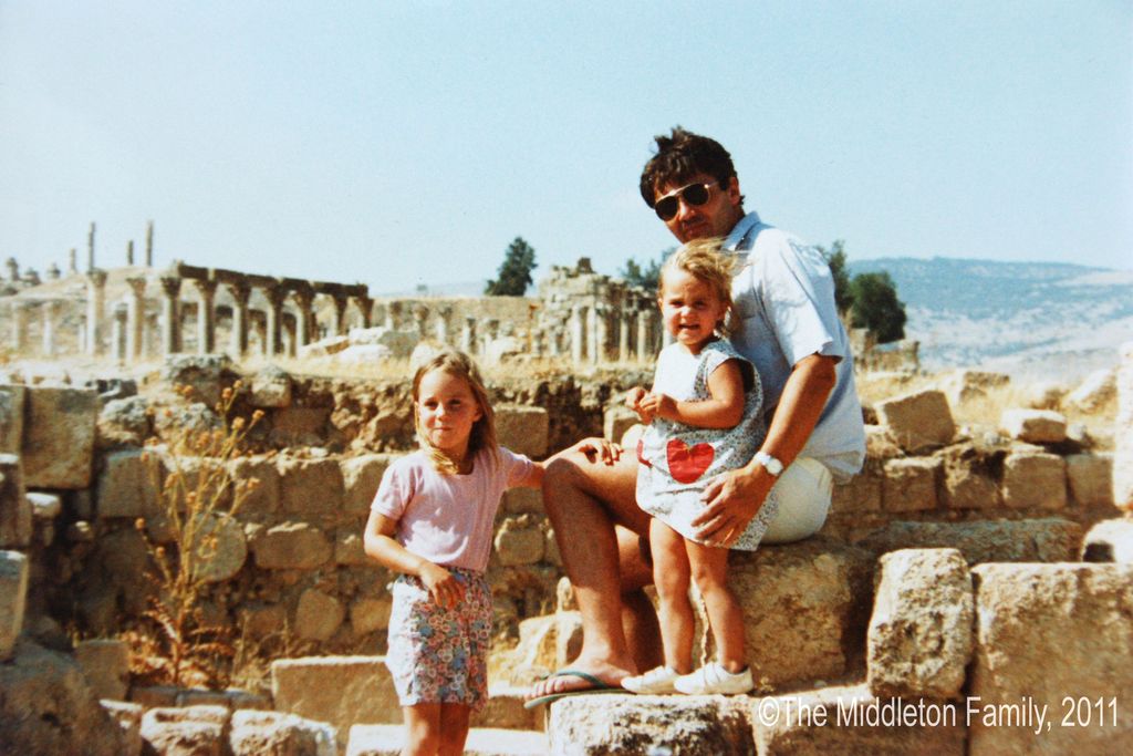 Kate Middleton had golden blonde hair at the age of four with her father Michael and sister Pippa in Jerash, Jordan