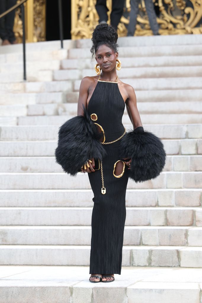 Jodie Turner-Smith at the Schiaparelli Haute Couture Week Spring/Summer 2026 show as part of Paris Fashion Week. She is wearing a black halterneck dress