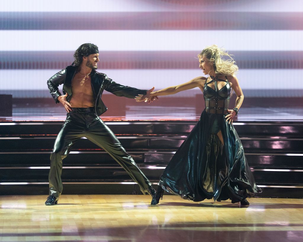 Alix Earle and Val Chmerkovskiy perform during Rock & Roll Hall of Fame Night on Dancing with the Stars