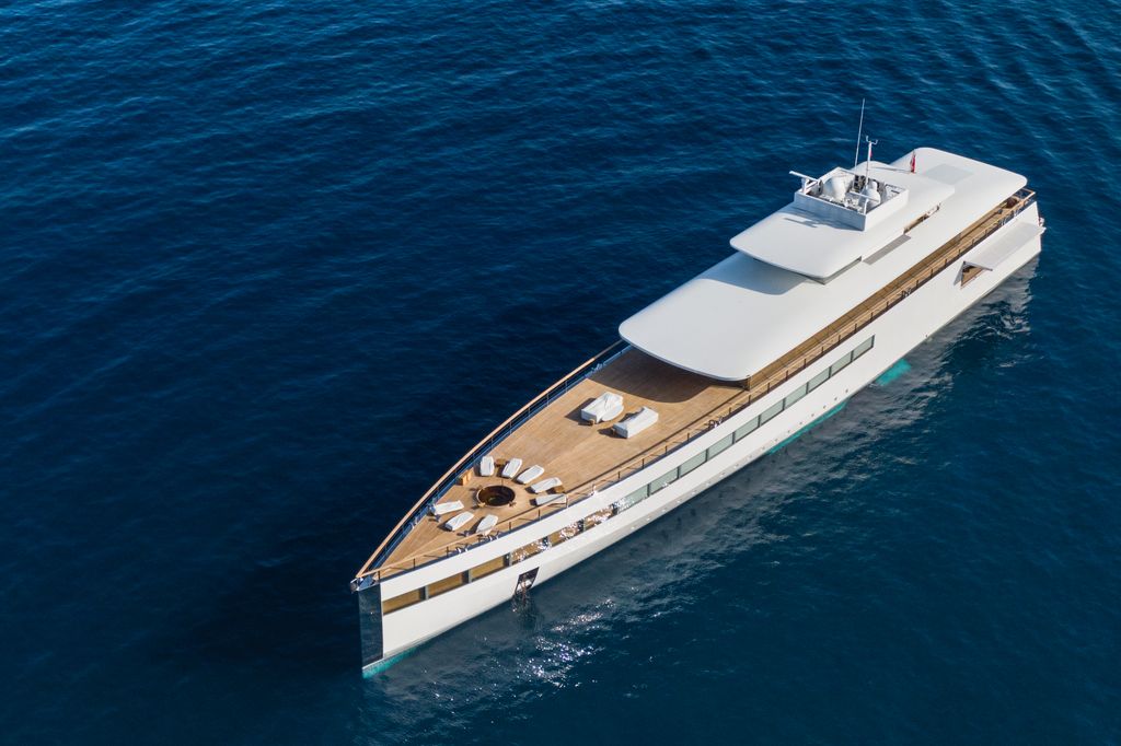 aerial shot of venus superyacht floating on sea