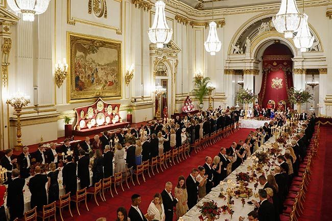 A general view of all the guests standing for the National Anthem at the State Banquet at Buckingham Palace