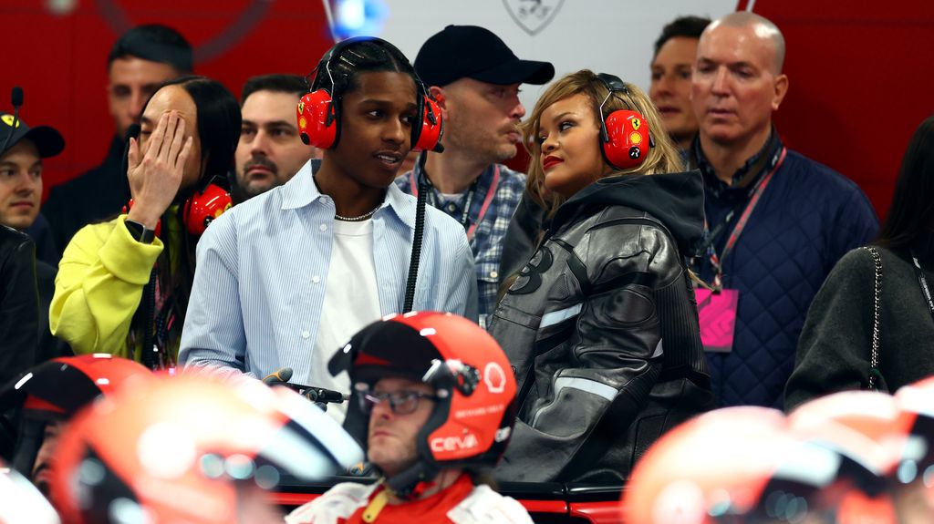 Rihanna looks on in the Ferrari garage during the F1 Grand Prix of Las Vegas at Las Vegas Strip Circuit on November 18, 2023 in Las Vegas, Nevada.