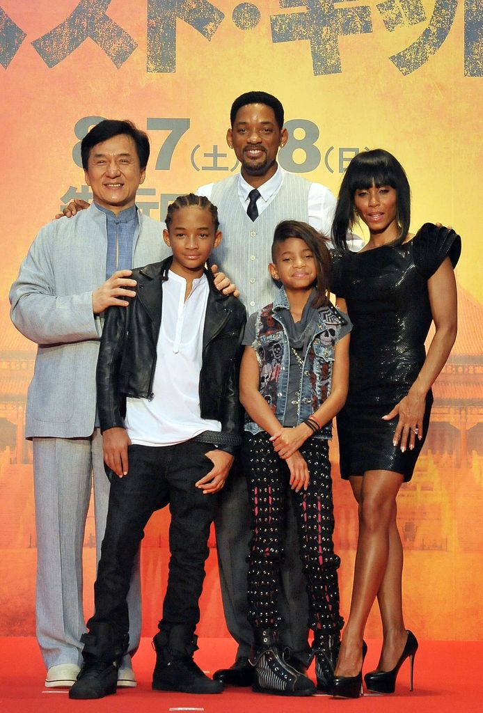 Jackie Chan, Jaden Smith, Will Smith, Willow Smith and Jada Pinkett Smith attend  at "The Karate Kid" movie premier at Roppongi Hills Arena on August 5, 2010 in Tokyo, Japan