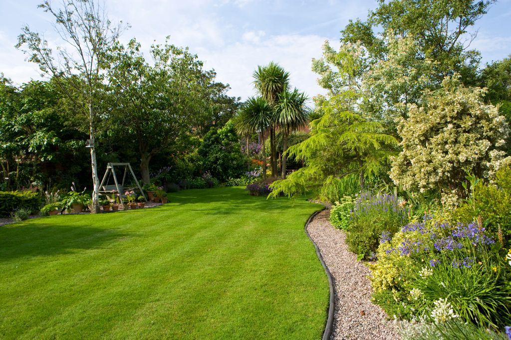 Large striped lawn with curving gravel path