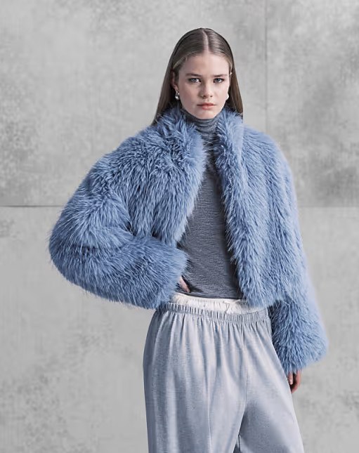 Mongolian Faux Fur Cropped Jacket blue